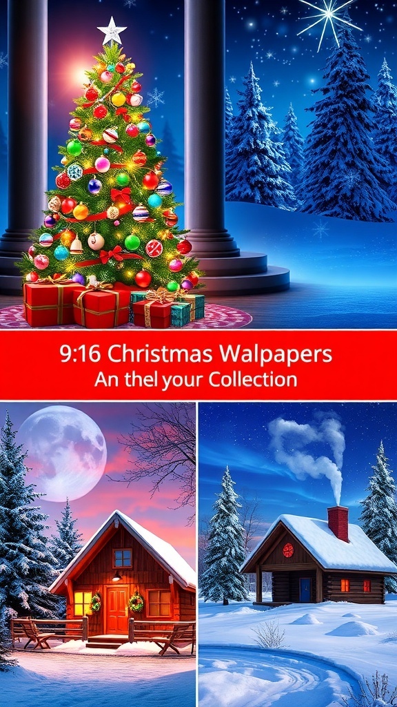 A collection of festive 9:16 Christmas wallpapers with a decorated tree and snowy landscape.